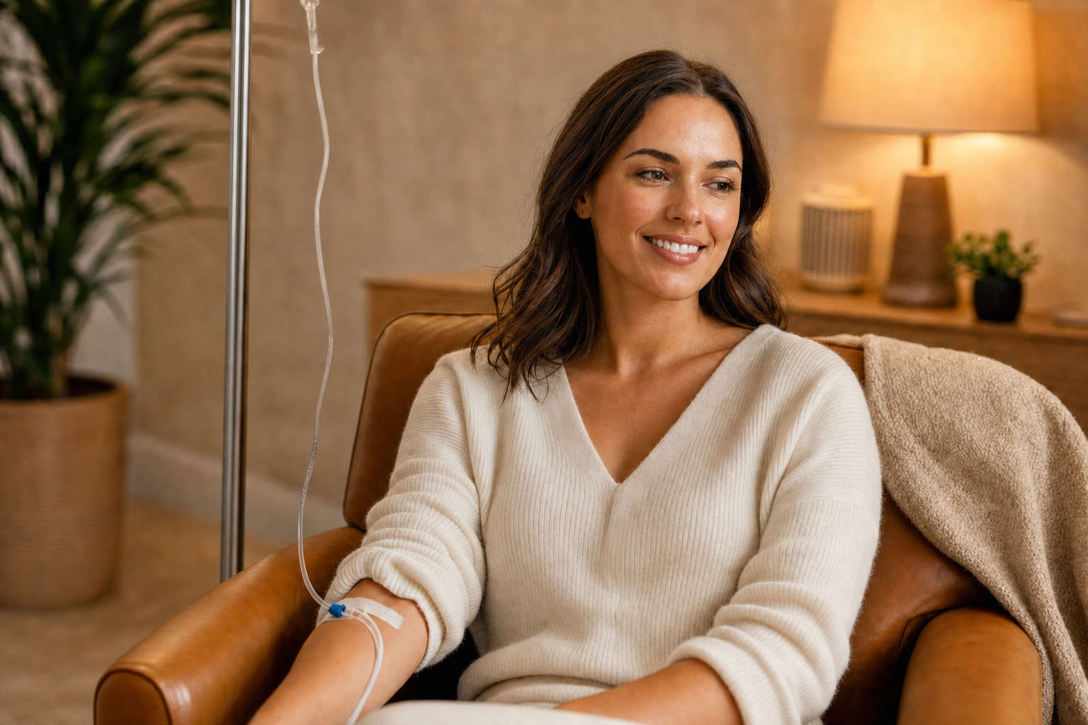 A woman with brown hair sitting on a brown leather chair in a cozy room with warm lighting, having an IV inserted into her arm for a medical procedure.