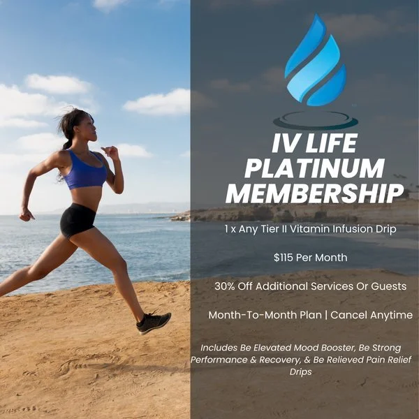 A woman running on a beach against a blue sky. The image promotes the 'IV Life Platinum Membership' offering a Tier II Vitamin Infusion Drip for $115 per month, with 30% off additional services or guests. The plan is month-to-month with cancel anytime option. It also includes mood booster, performance recovery, and pain relief drips.