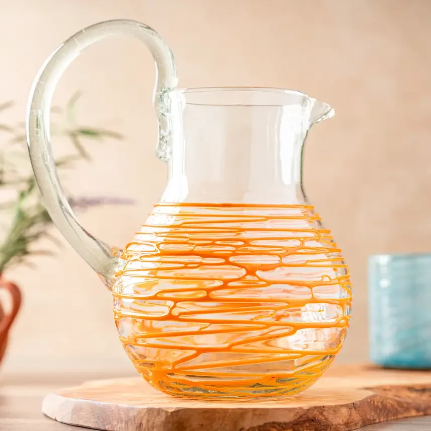 Handblown Glass Pitcher-Orange Swirl