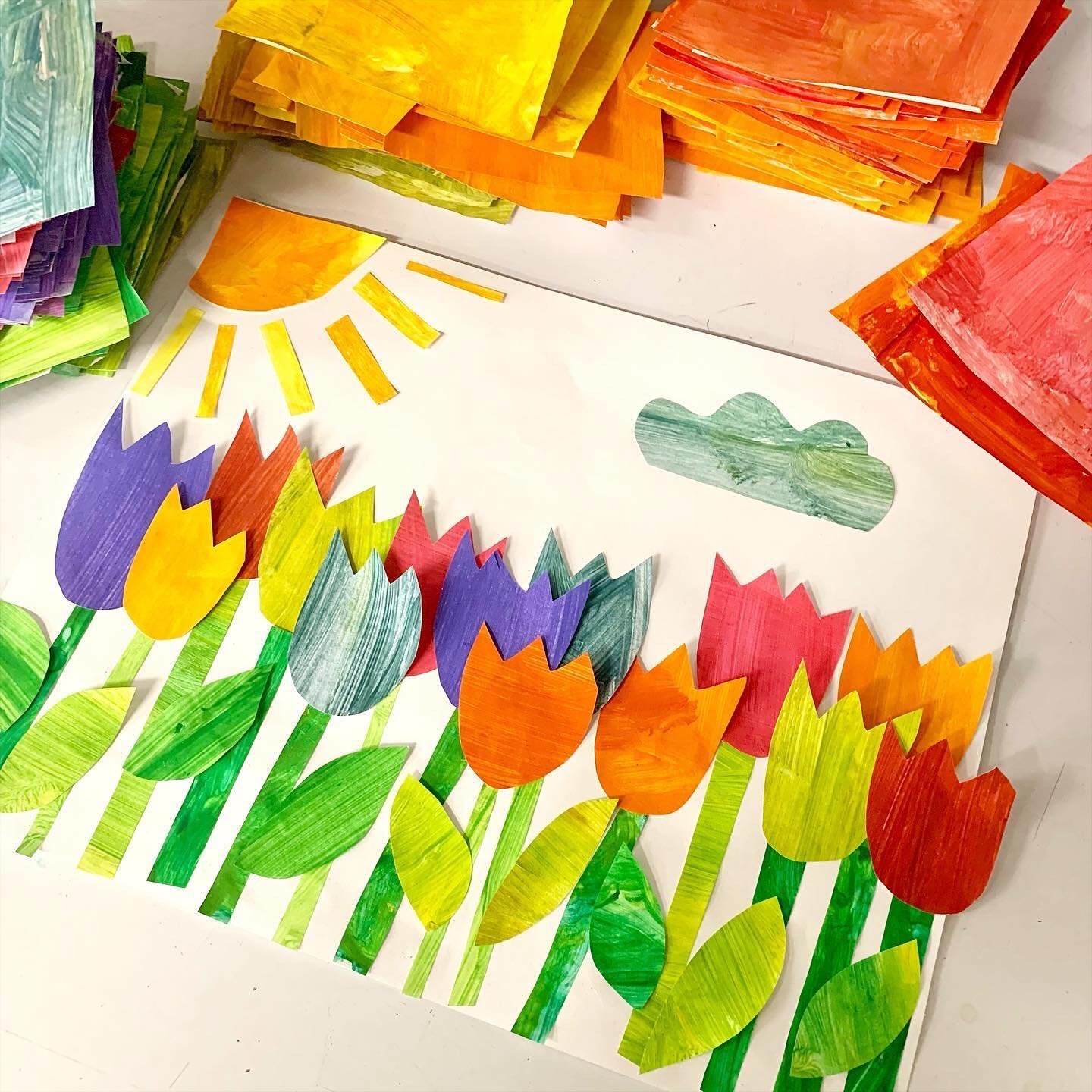 This may be my all time favourite project, the Eric Carle garden. 🌷💐

This project features a painted paper technique. We collaborate to make all the paper and then share all the pieces so that everyone gets a variety of colours. It also involves c