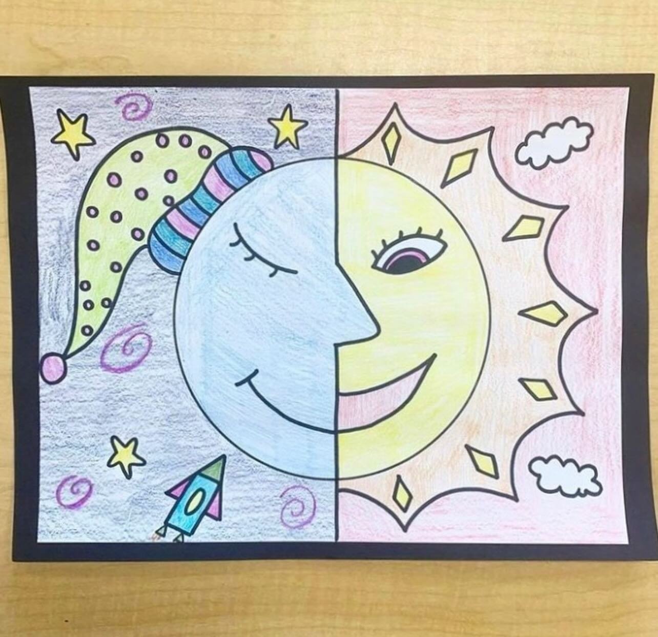 One more art project to round out the year? Sure! How about a warm/cool sun &amp; moon 🌙 ☀️ 
This one was shared by @firstgradefrenchies a  few years ago and I loved it. There&rsquo;s no paint, no cutting&hellip;it&rsquo;s perfect for one last proje