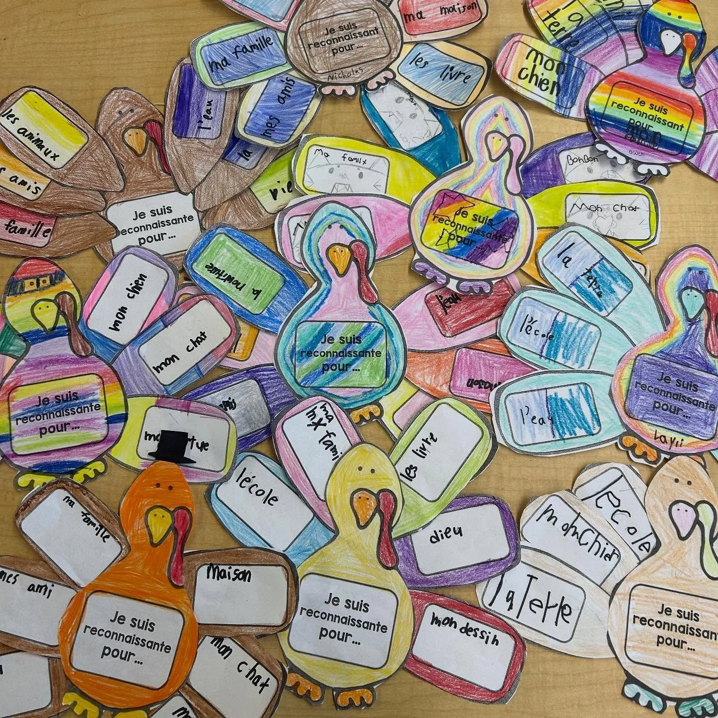 A lot of thankful turkeys over here. 🦃 

We brainstormed things they were thankful for and wrote them in French on the board. Students then chose 6 that were most important to them. 

This template is free from Ms. Makinson on TPT. I changed it to h