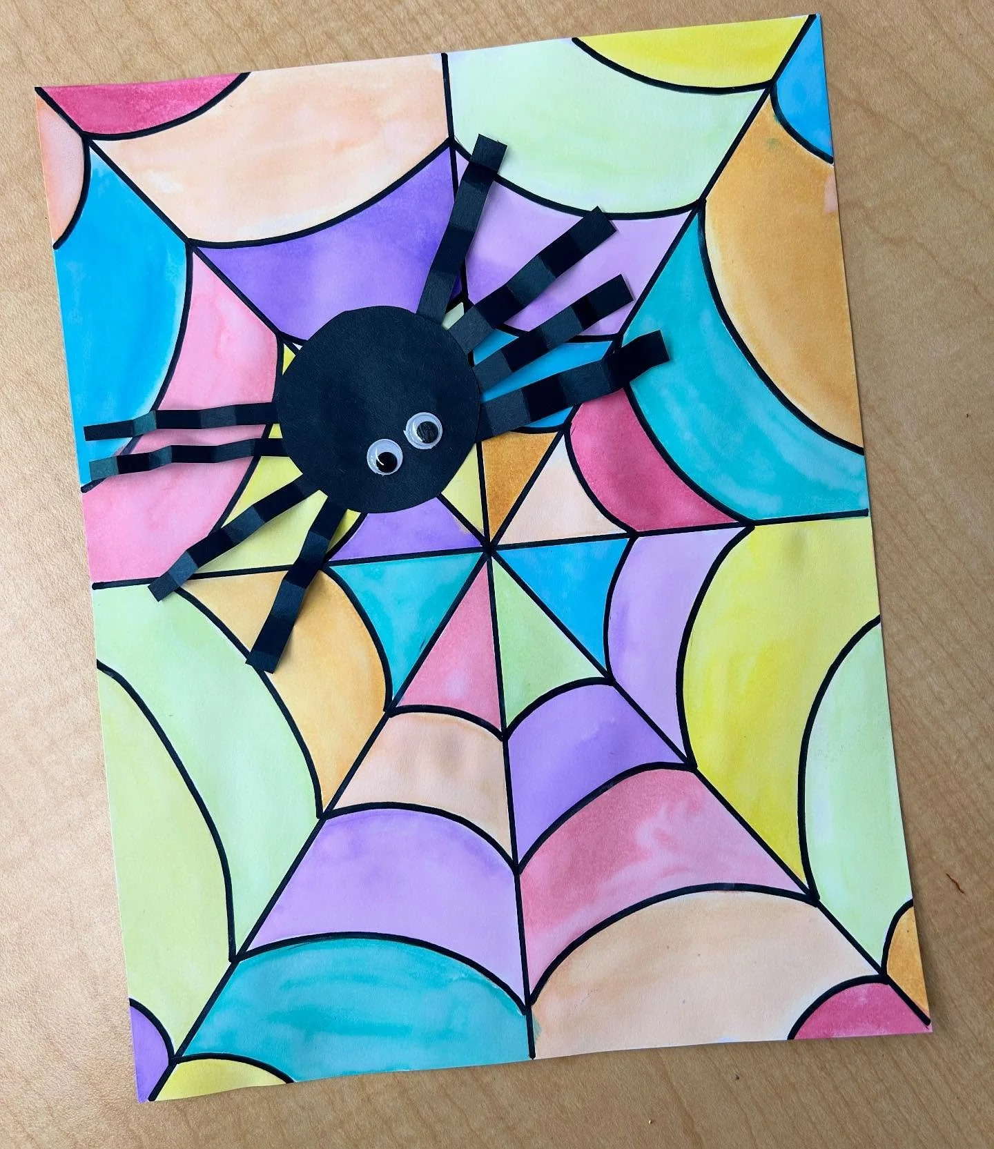 The itsy bitsy spider climbed up the colourful web. 🕷️ 

New art sample alert 🔔 

In a last minute twist we&rsquo;ll be doing this project this week instead of the turkeys. Students saw my sample and immediately wanted to change. Fine by me! 

Inst