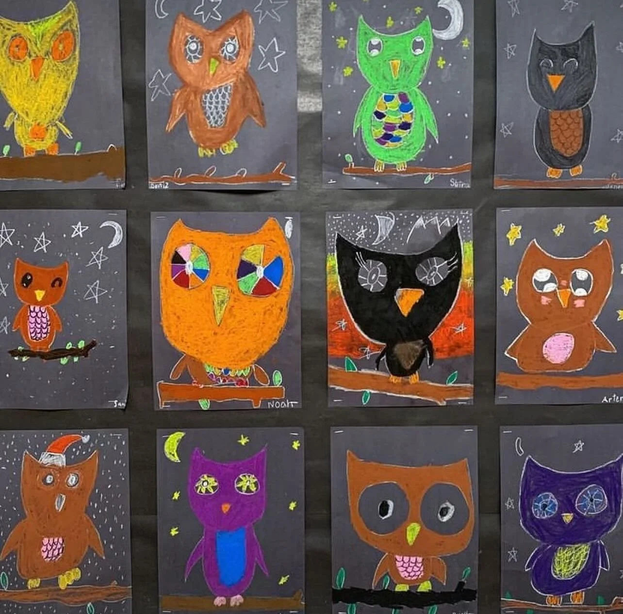 Pastel owls are an easy no paint project to try this fall. You can do them directed drawing style or freestyle. We used white pencil crayon and oil pastel for these ones. 🦉 

#Frenchteachers #frenchimmersion #grade3 #grade2 #primaryteacher #canadian