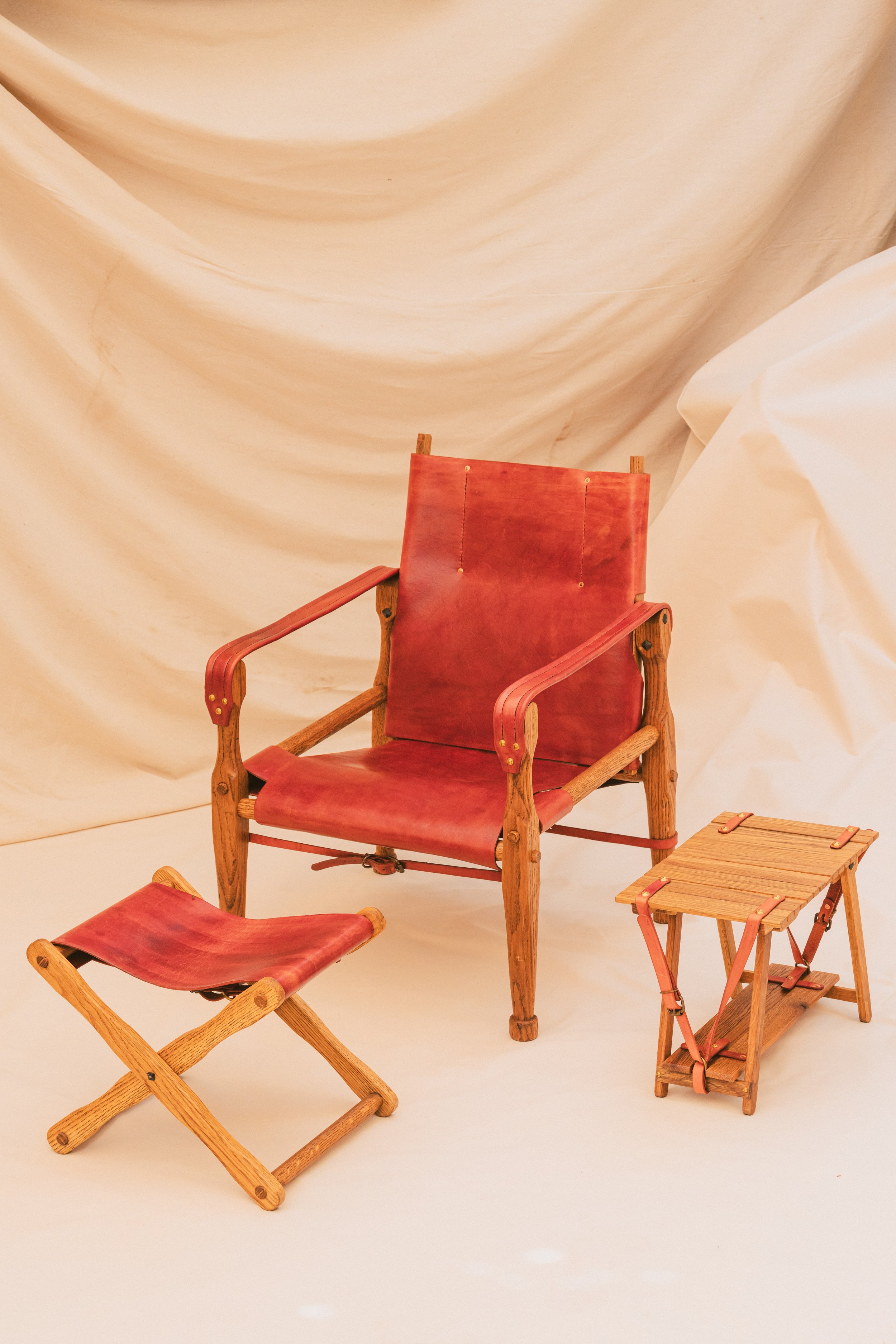 Red Brown leather Roorkee Chair with companion footstool. A perfect combo for any setting