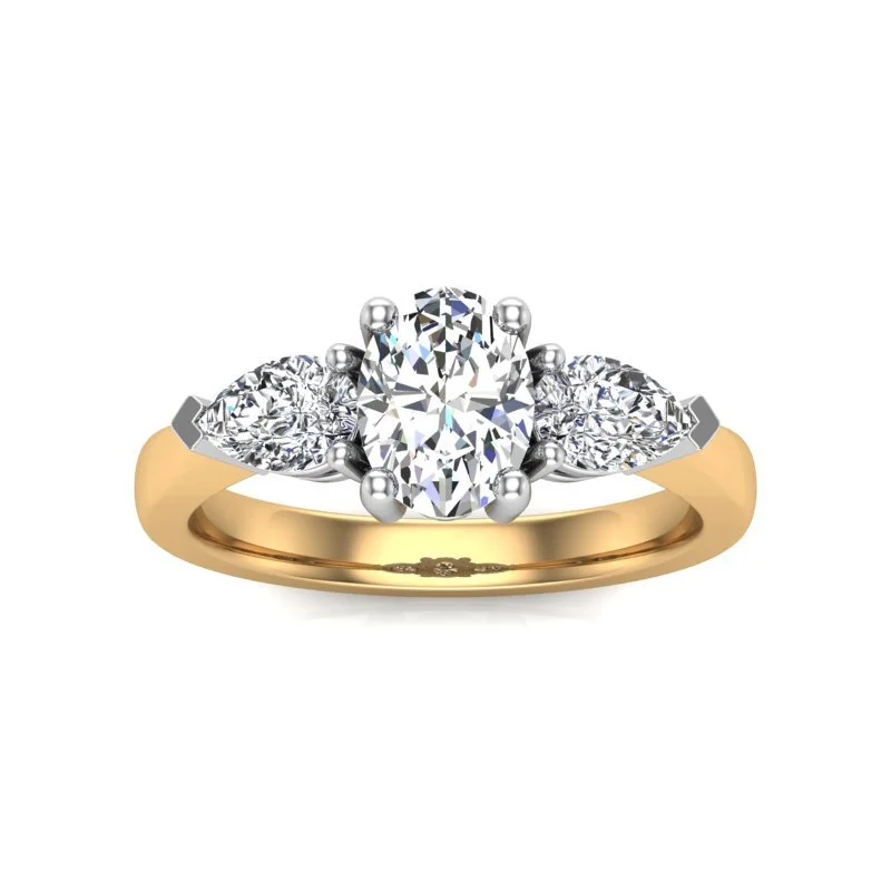Elanor is a moissanite engagement ring featuring a oval centre with a pear each side on a plain band in yellow gold rose gold white gold platinum