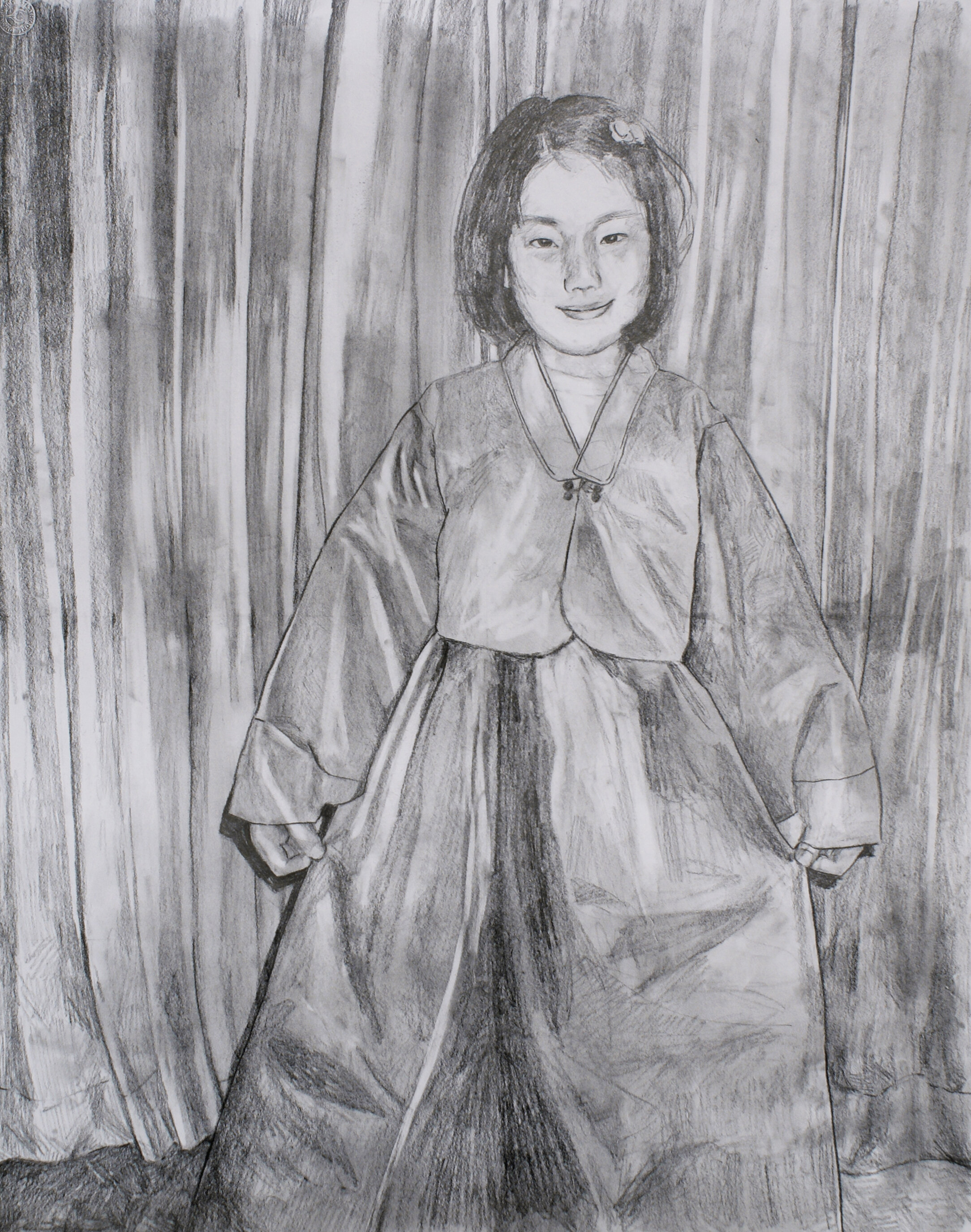 "개량한복" (pronounced gyeryang hanbok - "modern hanbok" in Korean) portrays a young girl curtsying in her new hanbok (traditional Korean dress).