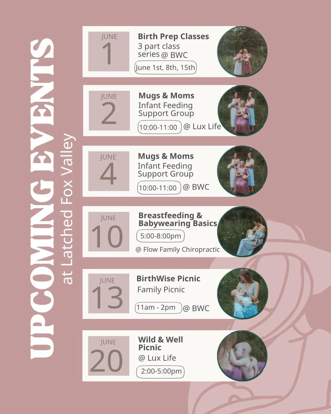 ✨JUNE EVENTS✨

June and SUMMER has finally arrived! Lots of fun ways  to get out of the house this month. Love to see all of you there!

☕️🤱🏻2nd &amp; 4th - Mugs &amp; Moms monthly support group at Lux Life Chiropractic and birthwisewellnesscenter 