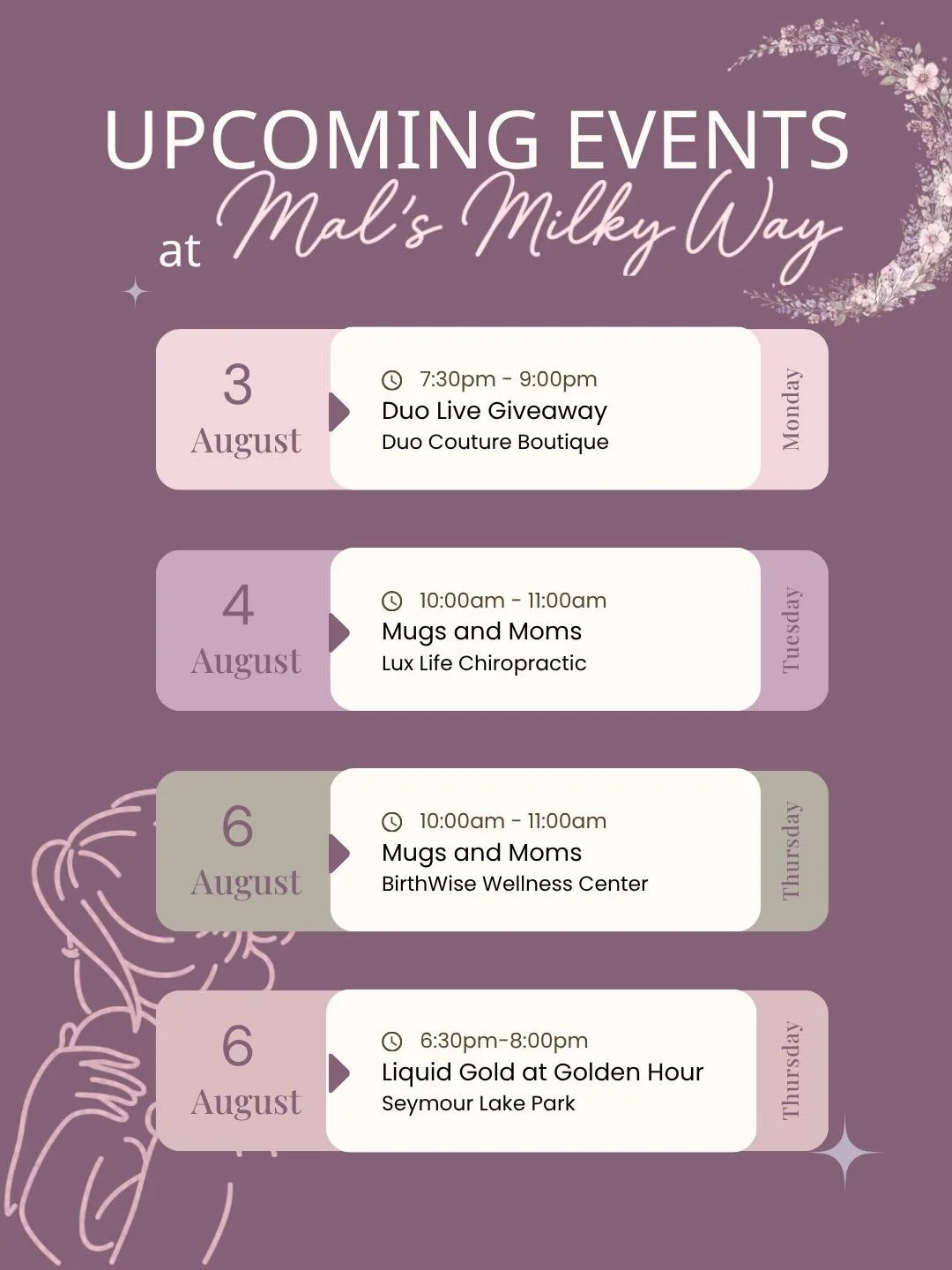 ✨AUGUST UPCOMING EVENTS✨

It&rsquo;s World Breastfeeding Month! We have our favorite month jam packed to celebrate! 🥳

🛍️We are joining our fave boutique Duo Couture on their weekly Monday night live on August 3rd! Hop on to shop some new pretty pi