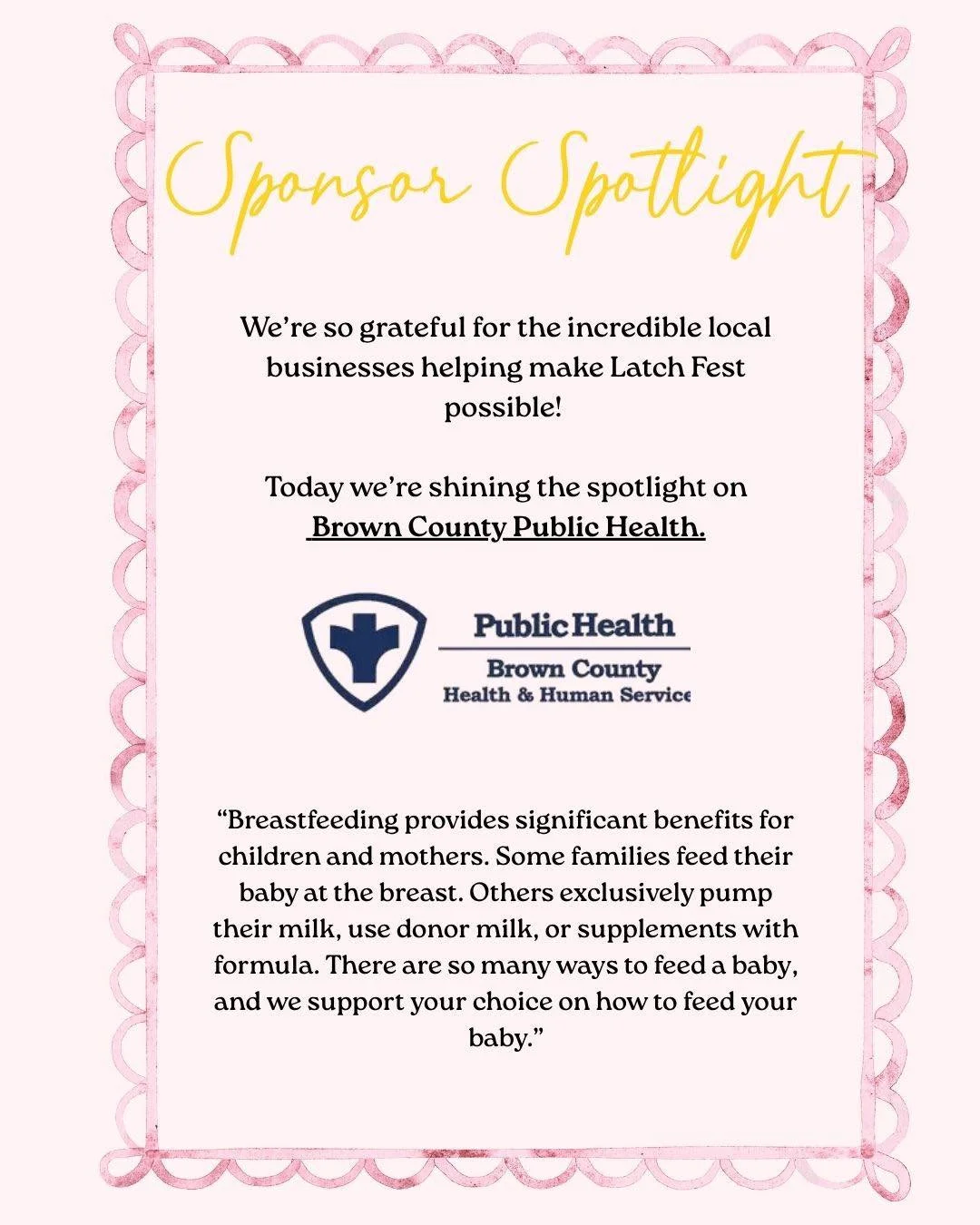 We&rsquo;re starting off our Sponsor Spotlight with one of our local partners in healthcare, browncountypublichealth.

Thank you for supporting families and our local community. Your support helps us create an event centered around connection, commun
