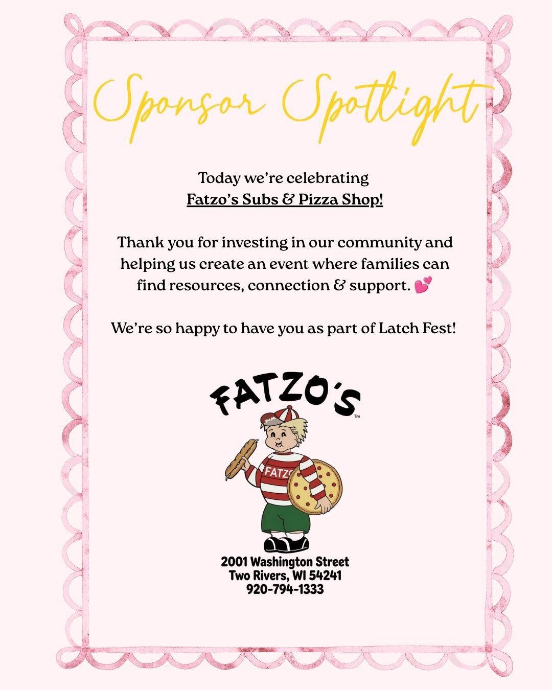 We&rsquo;re so happy to have you as part of Latch Fest! Fatzos made a generous monetary donation in honor of all the hard work that goes into making milk!!

Show them a little Latch Fest love!

@fatzossubandpizzashop

#NEWLatchFest #SponsorSpotlight 
