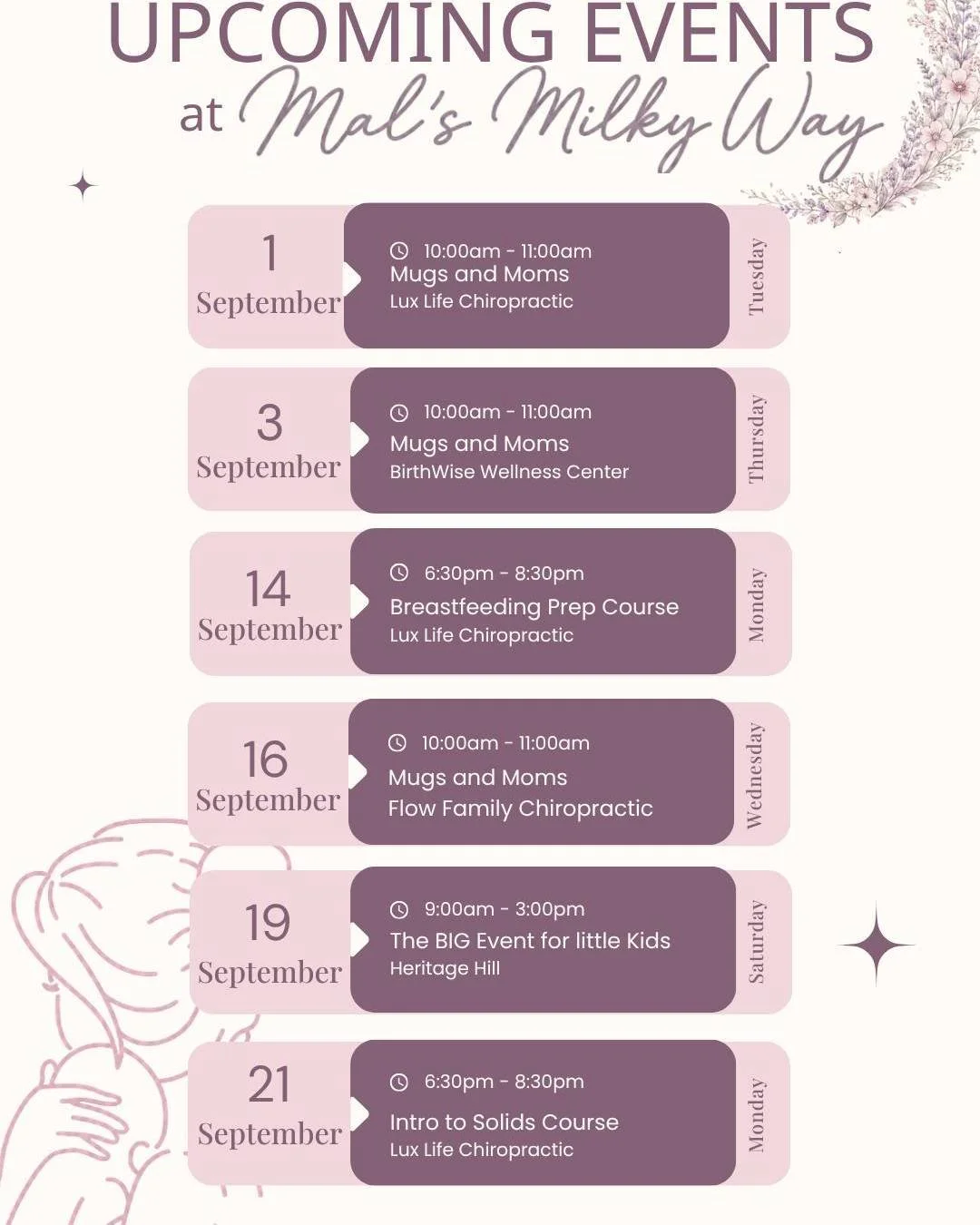How is it SEPTEMBER already!?
Summer has FLOWN by... 
After a bustling World Breastfeeding Month, we are slowing it down... just a little... for September.

Check out our 3 monthly support groups: Moms and Mugs!
Come for the support and stay for the 