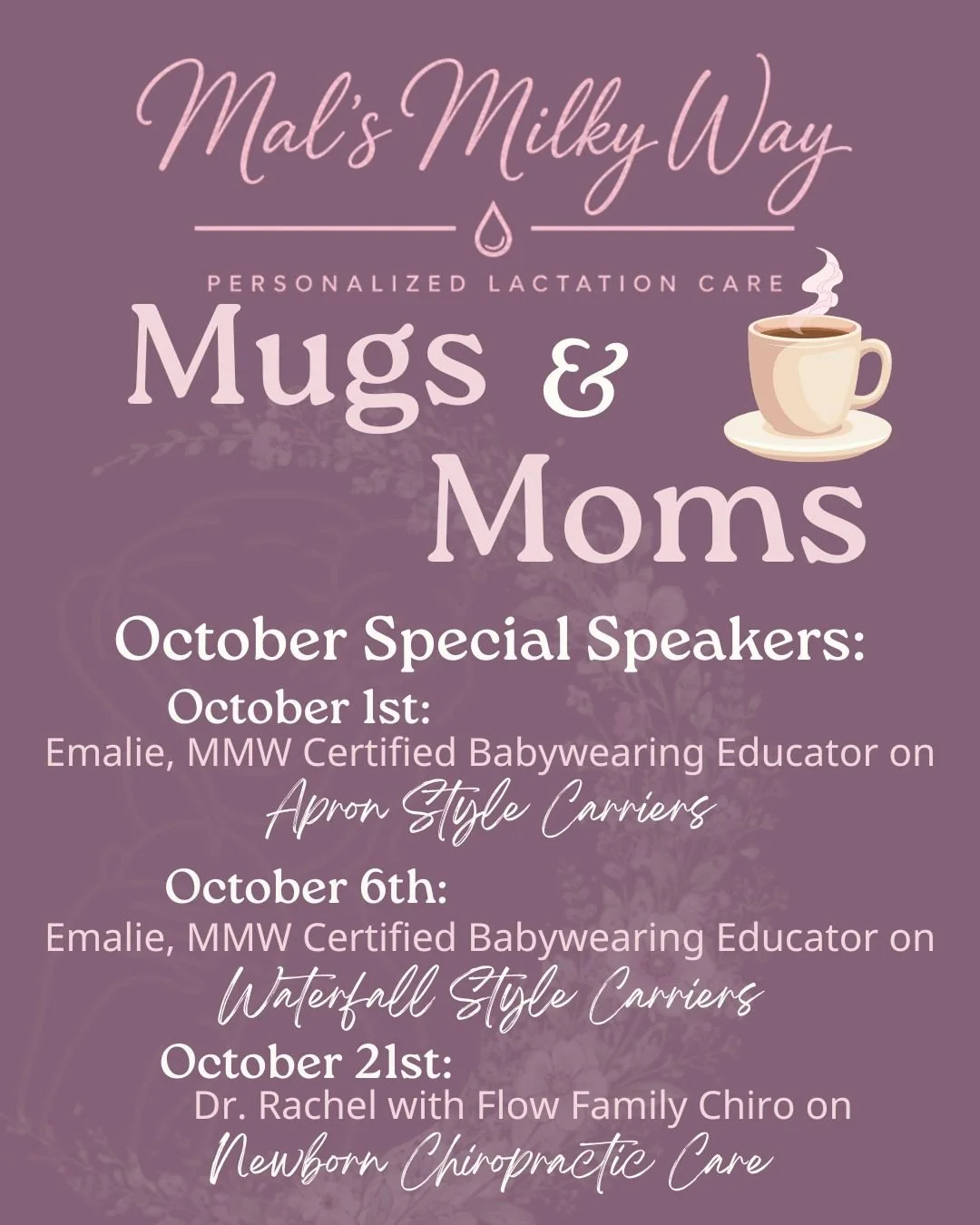 MMW Moms &amp; Mugs just got BETTER!
Our free community mom groups now have special guest speakers! We will have a variety of topics and professionals popping in to educate YOU, mama! Follow along to find a topic that interests you. Here's what we ha