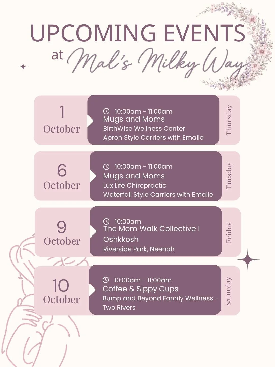 Upcoming MMW Events for OCTOBER 🎃

Moms &amp; Mugs
Our free community support group, now with special speakers!
Join MMW's Emalie - a certified babywearing educator - on October 1st at @birthwisewellnesscenter  to learn all about apron style baby ca