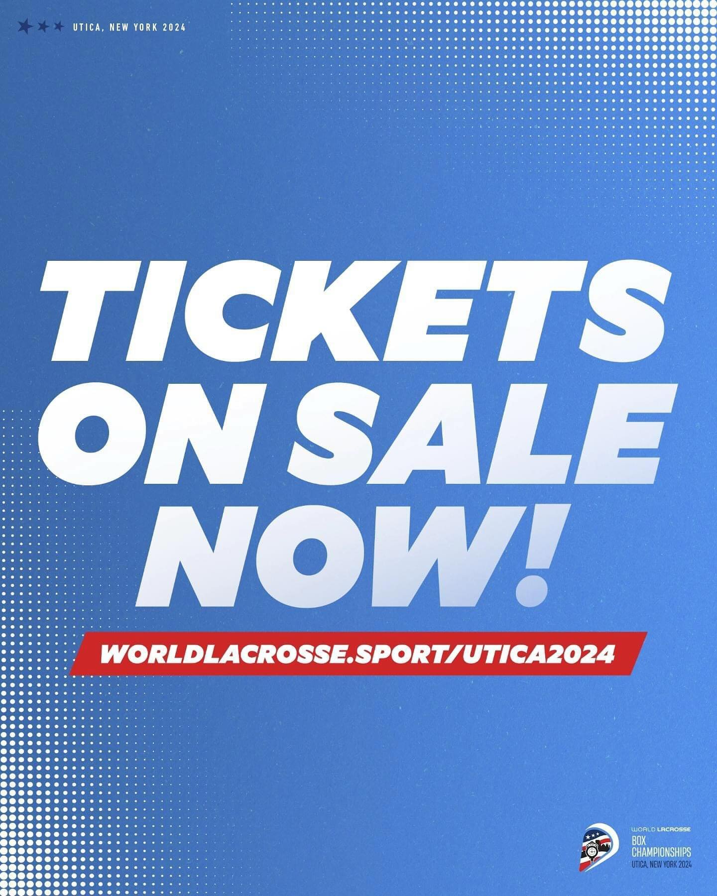 Tickets are 🚨 NOW ON SALE 🚨 for the 2024 World #Lacrosse Box Championships in Utica 🎟️🥍

📎 https://bit.ly/WLBC24-Tickets

#WorldBox2024 | #WLBC