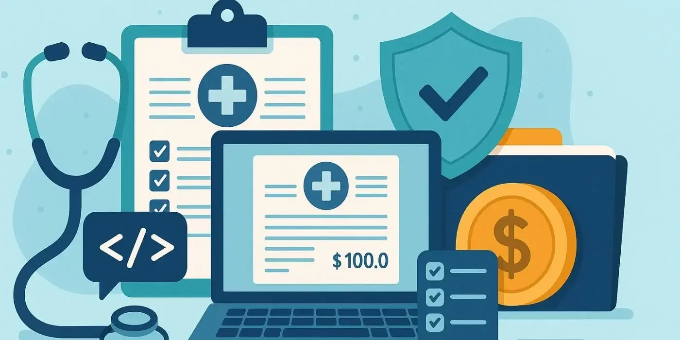 digital illustration of a medical billing setup with a laptop displaying a billing form, a stethoscope, clipboard, shield with checkmark, and a gold coin icon—symbolizing secure, digital healthcare billing and coding tools.
