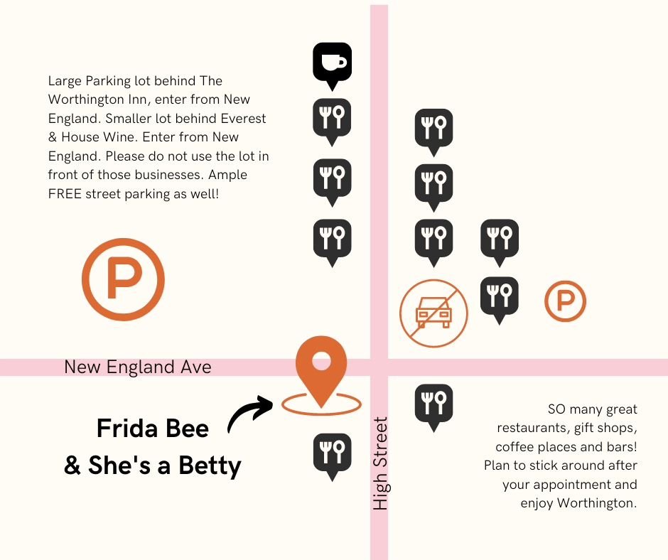 A quick guide to my little neck of the woods! Lots of free public parking around, the biggest lot you can enter from new England. Find me behind the blue door between windows right on high street! Xoxo