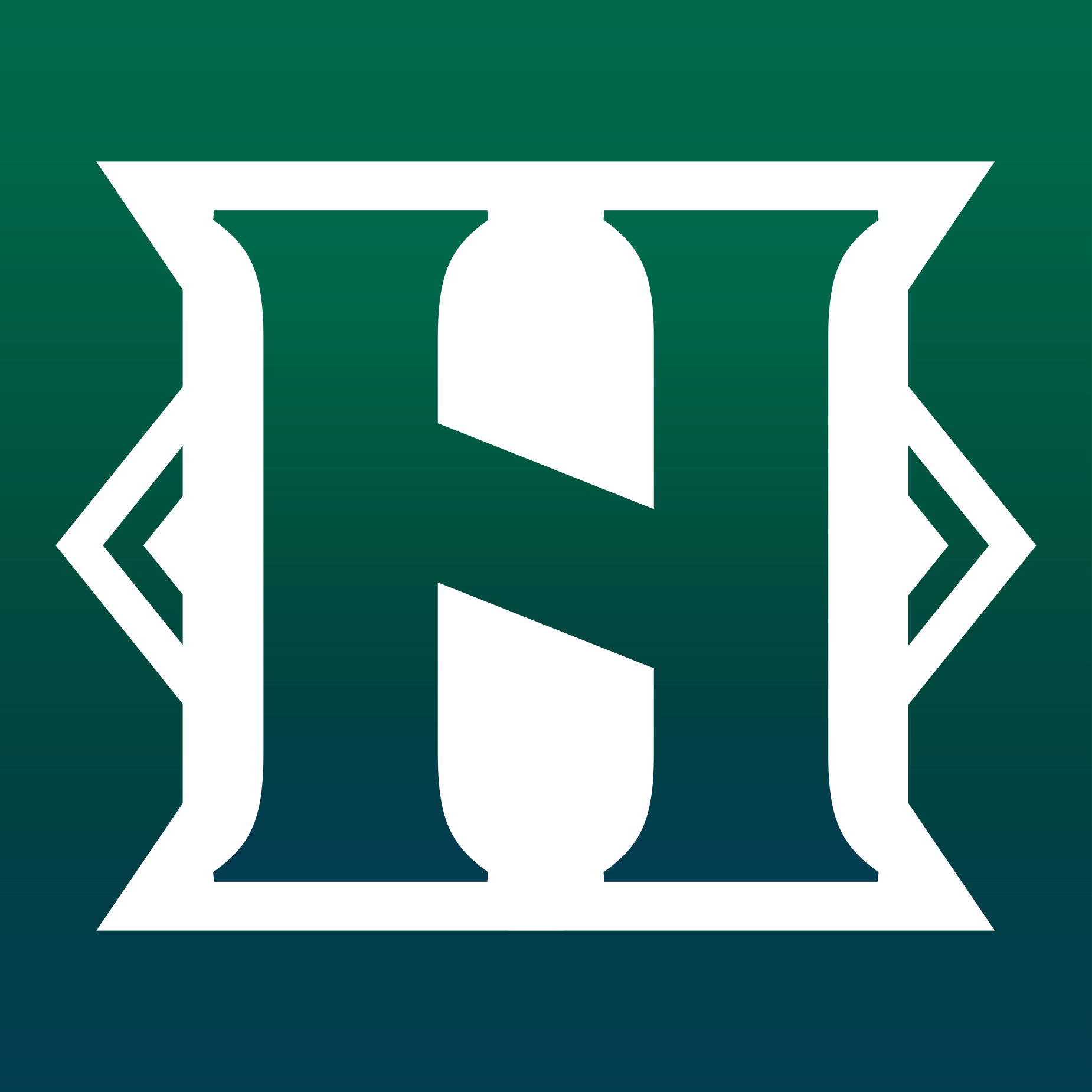 Green background with a large white letter H outlined in black, with decorative diamond shapes on either side.