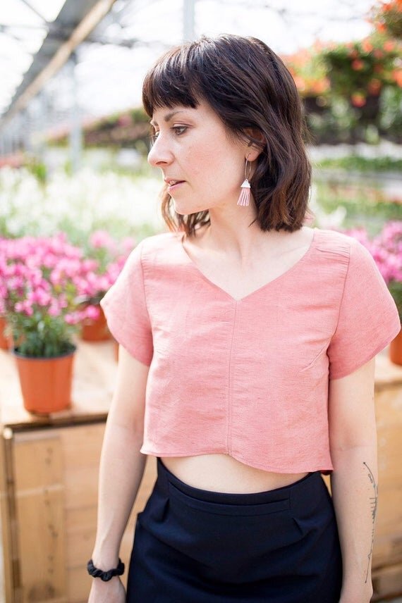 Blouse crop lin rose corail glacé semi ample