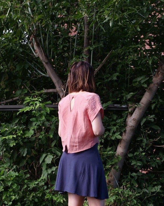 Blouse crop lin rose corail glacé semi ample