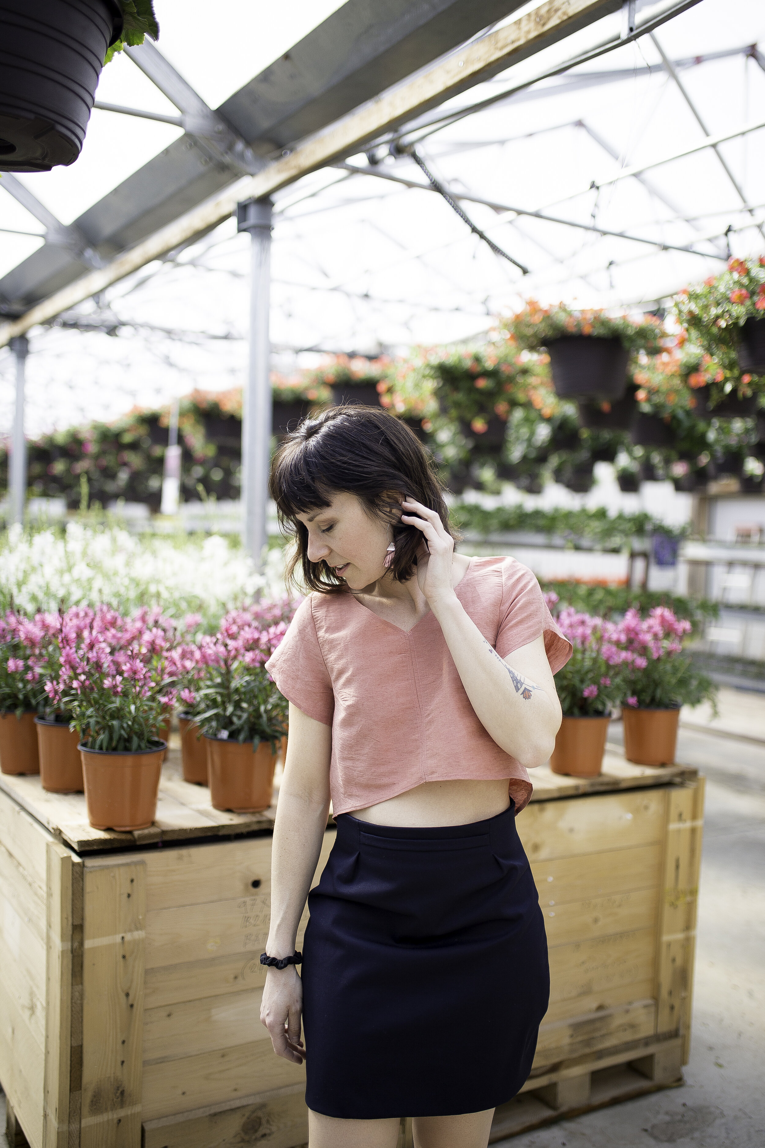 Blouse crop lin rose corail glacé semi ample