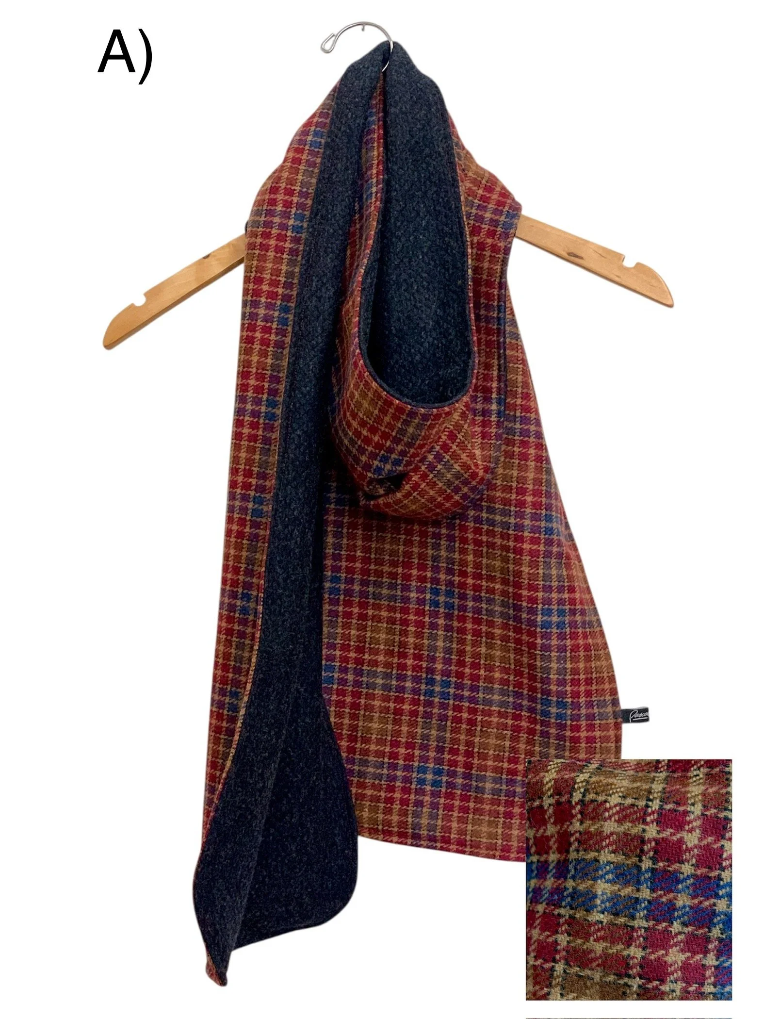 Foulard tartan bordeaux ocre bleu doublé bleu fait main au Quebec.jpg
