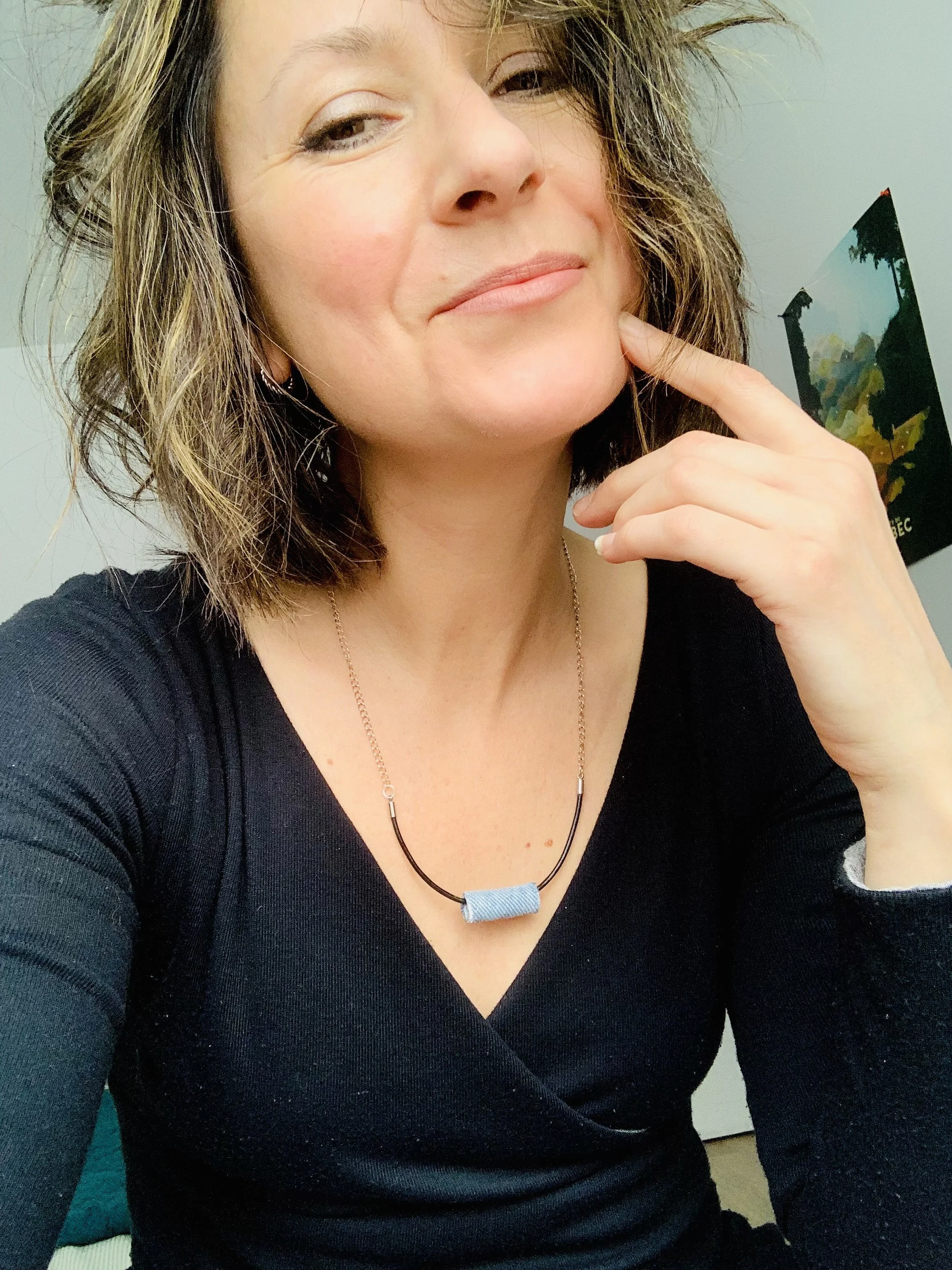 Collier cuir chaîne argent sterling perle jean bleu pâle.3.jpg