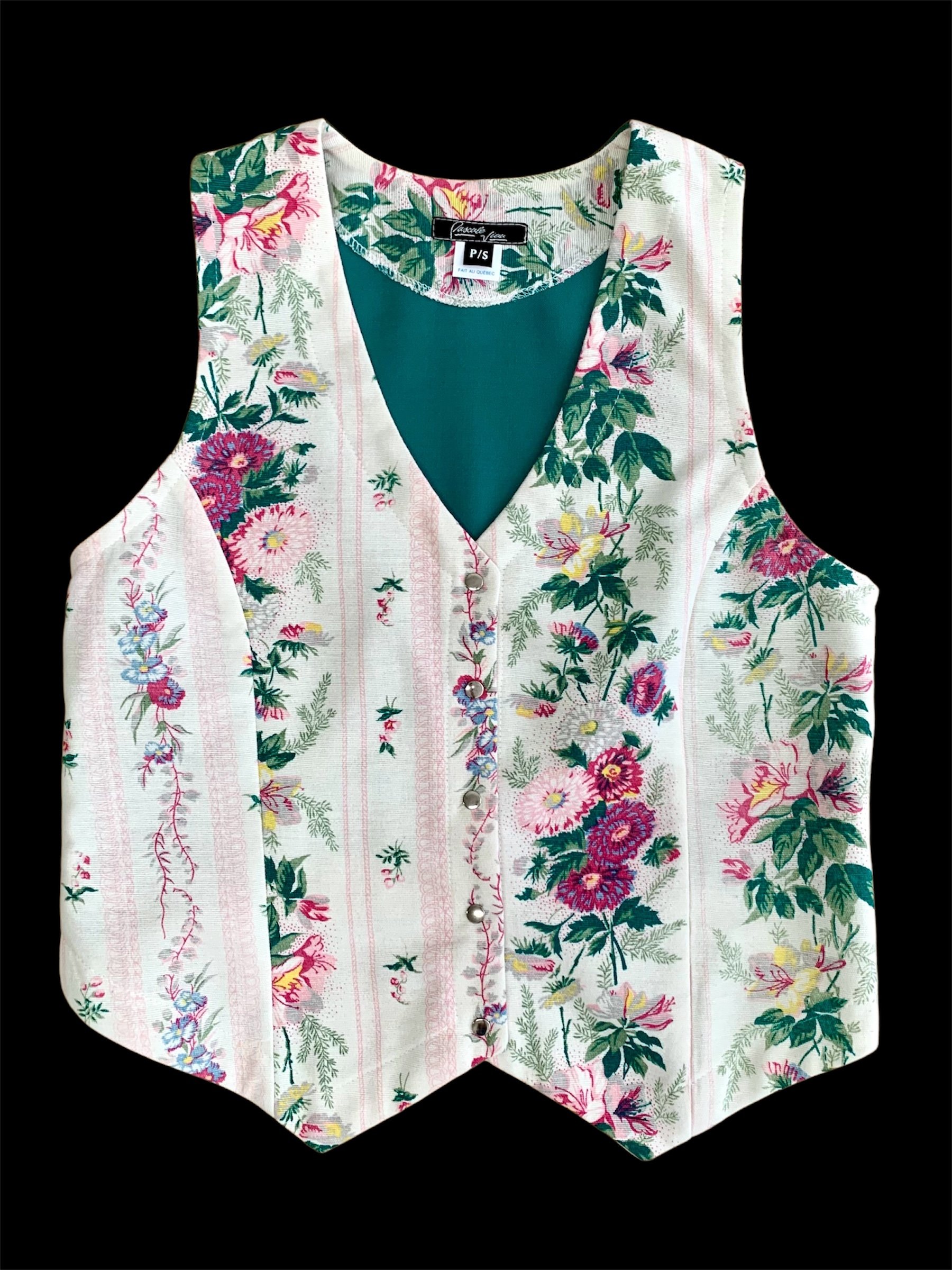 Veste ajustée sans manche boutonniere fleuri vintage dos vert.jpg