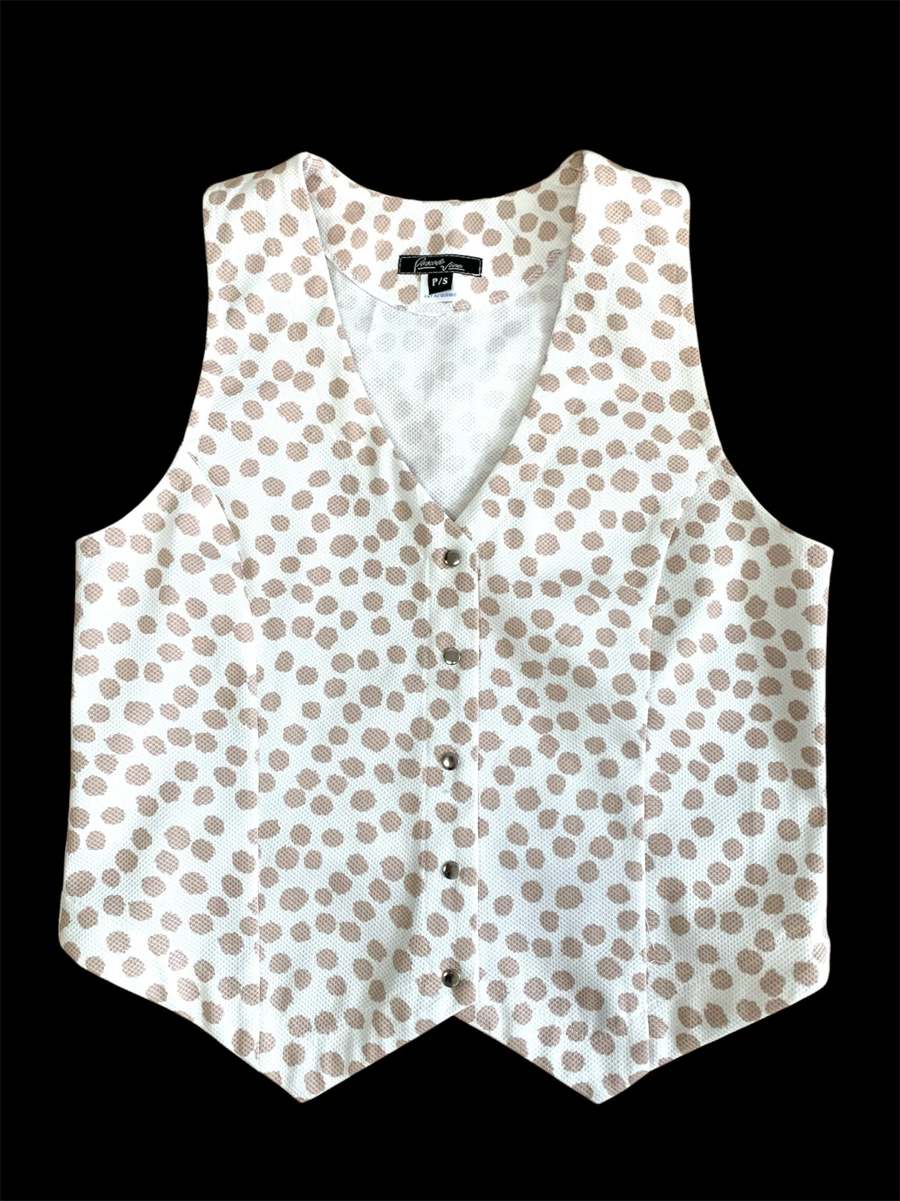 Veste ajustée sans manche boutonniere pois beige sur blanc.jpg