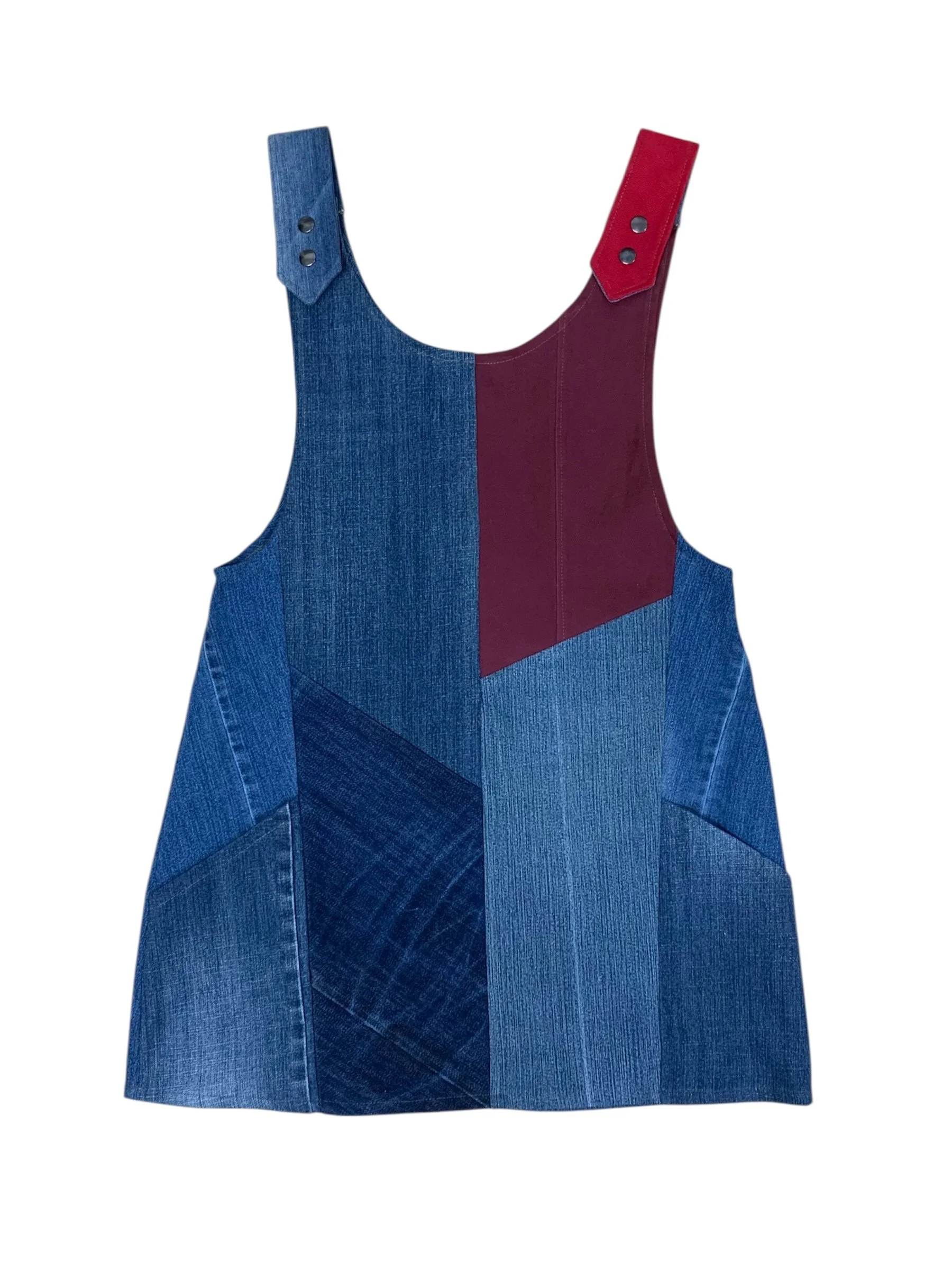 Jumper robe jeans denim recycle upcycling bleu rouge colorblock patchwork médium.jpg