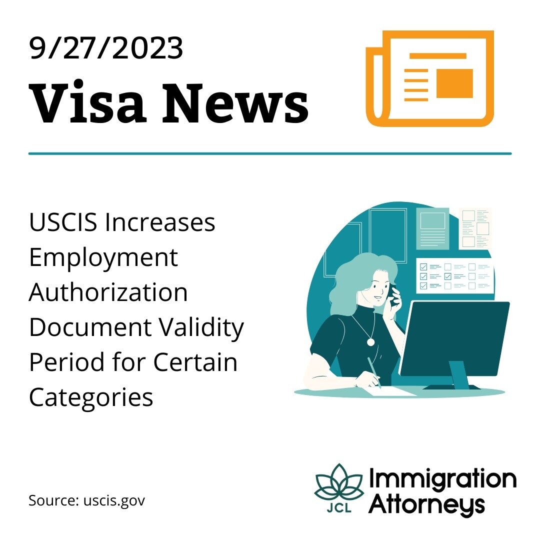USCIS Increases Employment Authorization Document Validity Period for Certain Categories

Link: tinyurl.com/228b9e2a

Have questions? Contact the JCL Immigration Team today for help and answers. ✔️