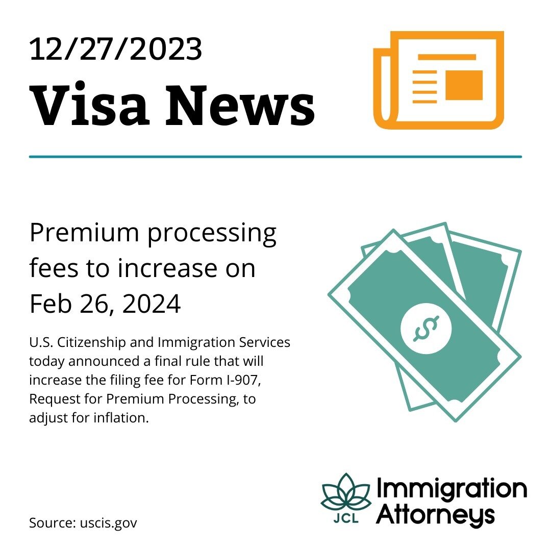 Premium processing fees to increase on Feb 26, 2024

U.S. Citizenship and Immigration Services today announced a final rule that will increase the filing fee for Form I-907, Request for Premium Processing, to adjust for inflation.

Link: tinyurl.com/
