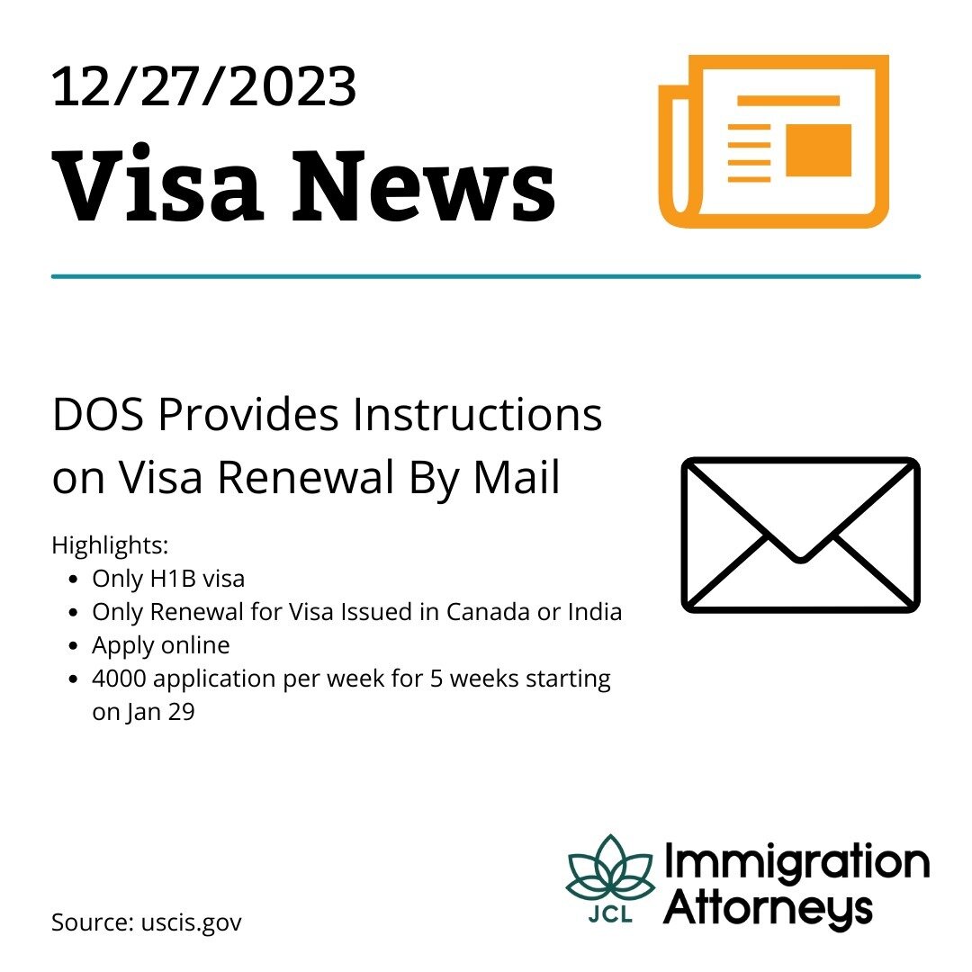 DOS Provides Instructions on Visa Renewal By Mail

Highlights:
&bull; Only H1B visa
&bull; Only Renewal for Visa Issued in Canada or India
&bull; Apply online
&bull; 4000 application per week for 5 weeks starting on Jan 29

Link: tinyurl.com/258ksd57