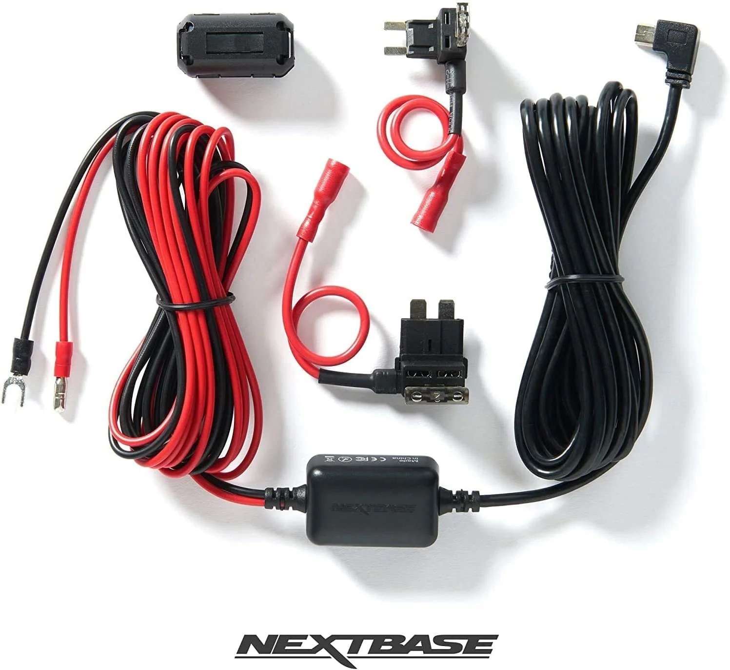 Automotive wiring and electrical components, including cables, connectors, and a relay, arranged on a white background with the Nextbase logo at the bottom.