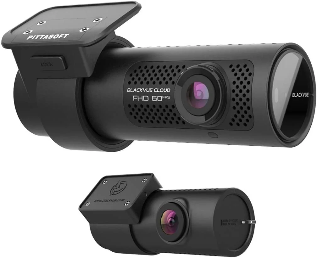 Two black dashboard cameras, one larger with a mount labeled 'PITTASOFT' and the other smaller, both with lenses and labeled 'BLACKVUE CLOUD' and 'FHD 60FPS' on the larger camera.