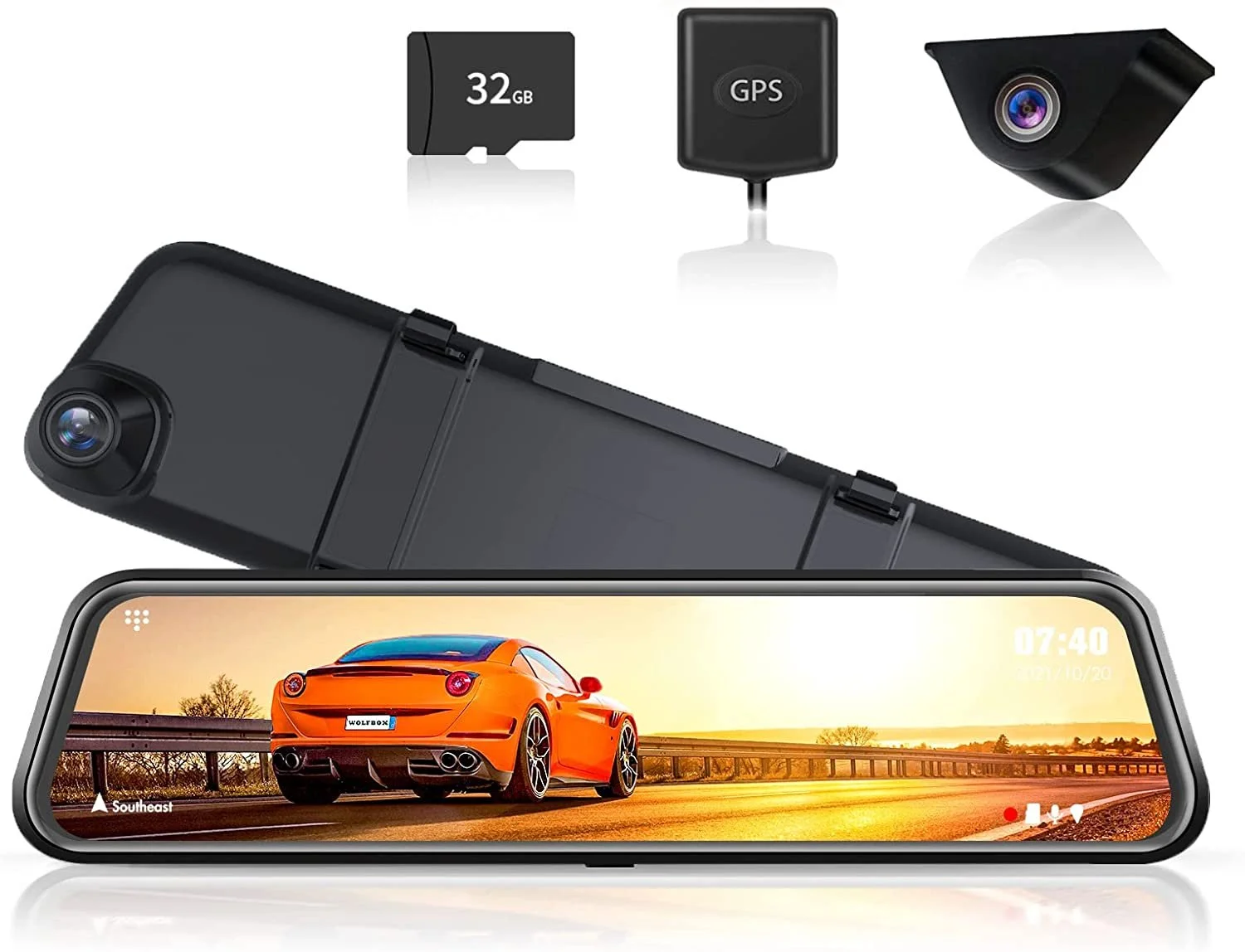 A digital rearview mirror with a built-in display screens an orange sports car on a highway at sunset. Included are a dash camera, GPS module, 32GB memory card, and an additional camera, all in black.