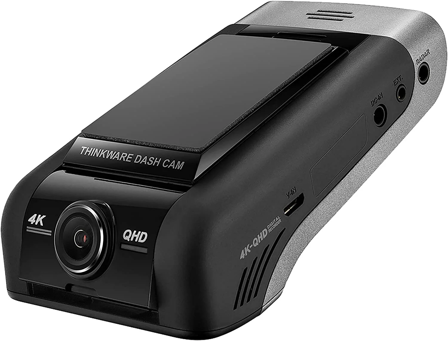 Black dashboard camera with lenses labeled 4K, QHD, and 4K-QHD, and ports on the side.