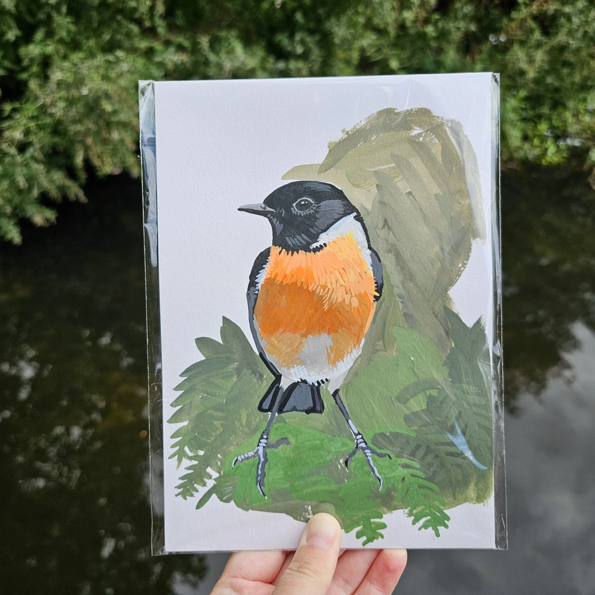 Original gouache painting of a Stonechat on bracken