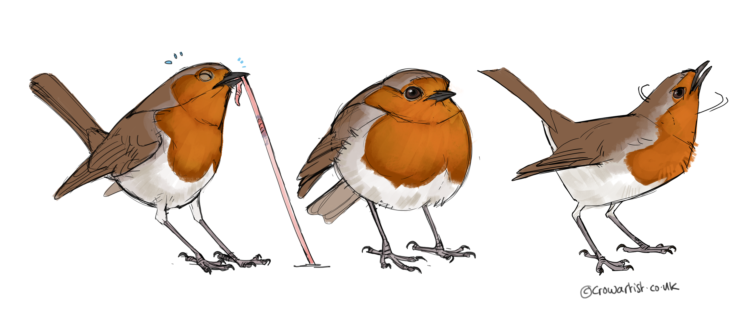Three small illustrated birds with orange and brown feathers, each expressing different emotions or actions, standing on white background.