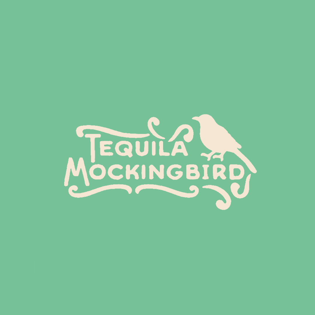 A logo with the text "Tequila Mockingbird" and a silhouette of a mockingbird on a branch, on a light green background.