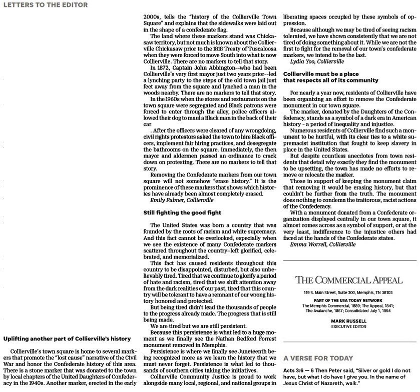 In addition to our land acknowledgment ceremony honoring Juneteenth and the indigenous people of Turtle Island (North America), several members of Collierville Community Justice shared letters to the editor of @memphisnews. #WhoseHeritage
