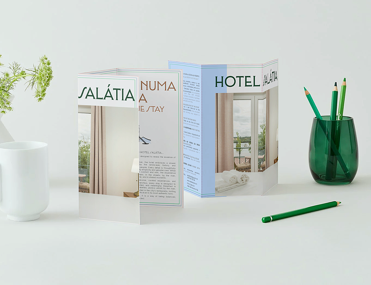 Leaflet for Hotel Salátia. A travel brochure with images of a hotel room; a white vase and a green vase with pens; a white table surface.