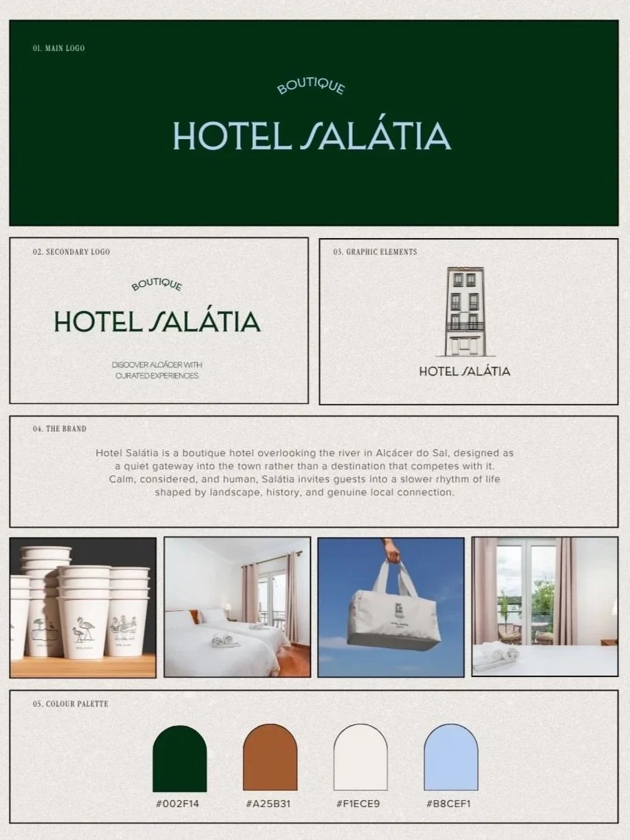 Design board for Hotel Salátia, showing logos, graphic elements, brand description, images of hotel interiors, and a color palette including dark green, brown, white, and light blue.