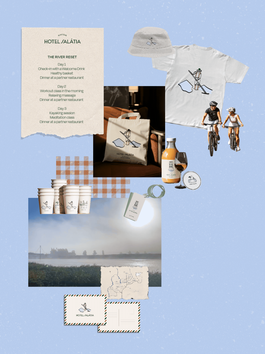 A collage of vacation items and scenery, including a hotel itinerary for Hotel Alátia, a white T-shirt and hat with a paddle illustration, cycling scene with two people riding bikes, coffee cups, a bottled drink, a glass of wine, hotel tote bag, a keycard, cups with logo, a landscape photo of a river at sunset, a map, and postcards with hotel branding.