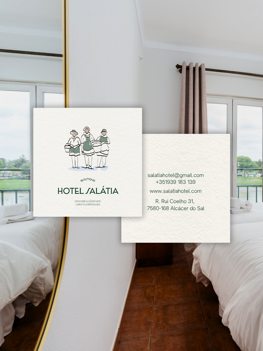 Branding- Business cards for Hotel Sálatia placed on a bedroom nightstand with a view of a river and green landscape outside the window.