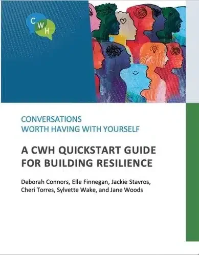 Cover page of a guide titled 'A CWH Quickstart Guide for Building Resilience' with a subtitle 'Conversations Worth Having with Yourself'. The authors listed are Deborah Connors, Elle Finnegan, Jackie Stavros, Cheri Torres, Sylvette Wake, and Jane Woods. The upper right section has an artistic illustration of multicolored human profiles with various line drawings and symbols inside them, representing diverse perspectives and thoughts.