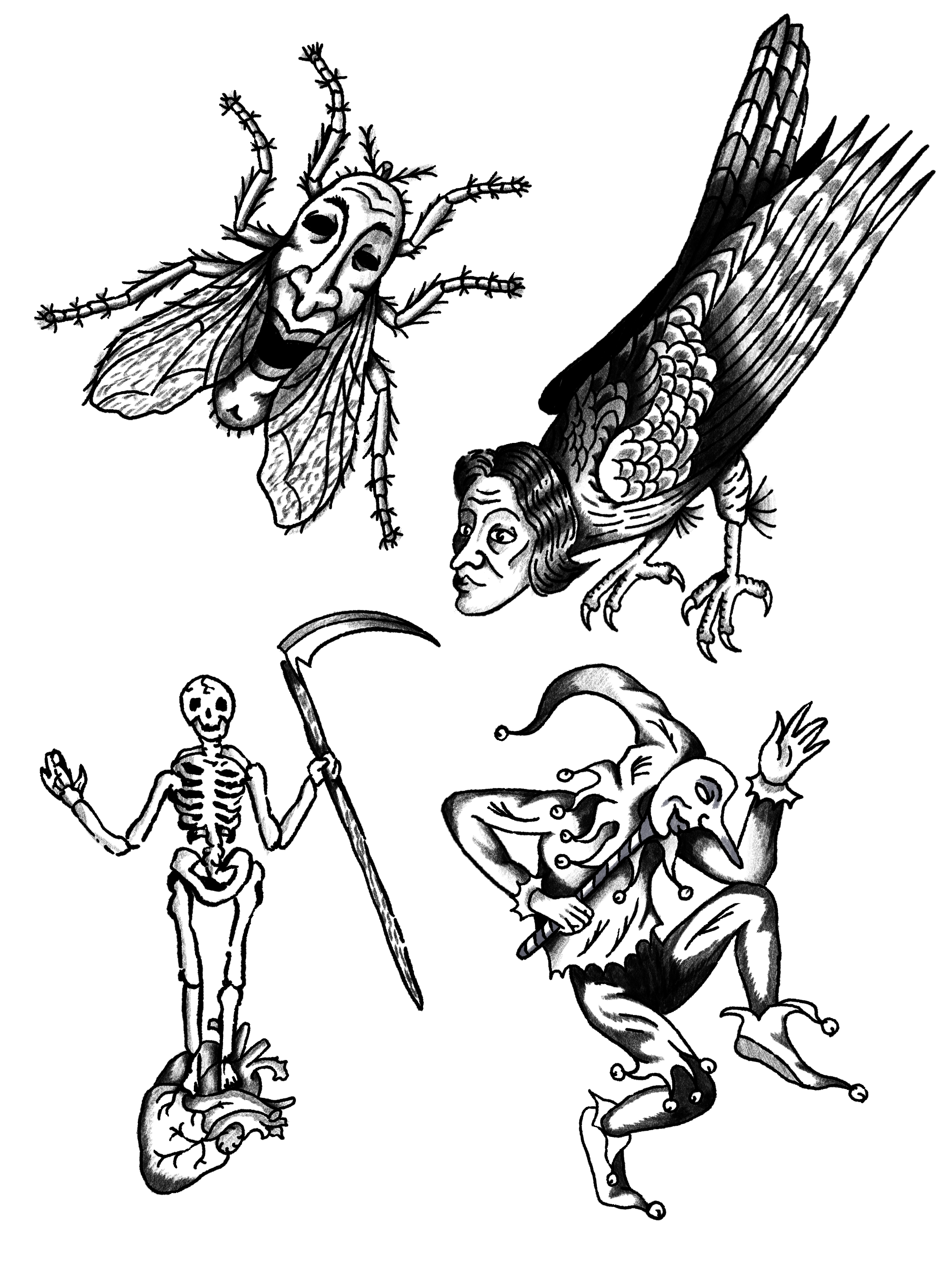 Black and white illustration of whimsical characters, including a flying bee with a face, a bird with a woman's face, a skeleton holding a scythe, and a jester with a playful expression.