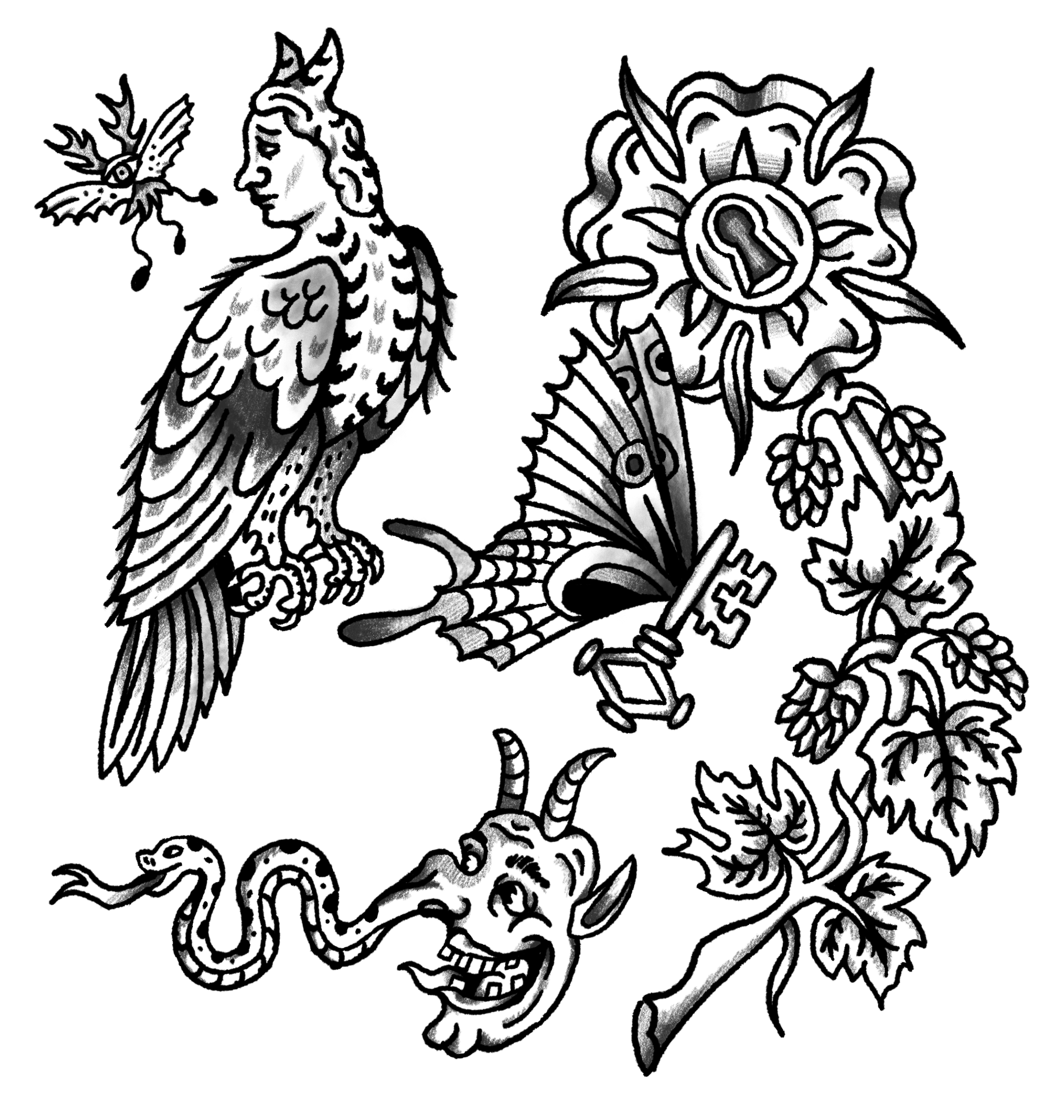 A black and white illustration featuring a crowned figure with a snake tongue, a unicorn-like horn, and grapevines with grapes, a key, and a flower with a lock, and a bird with a human face and a snake's body.