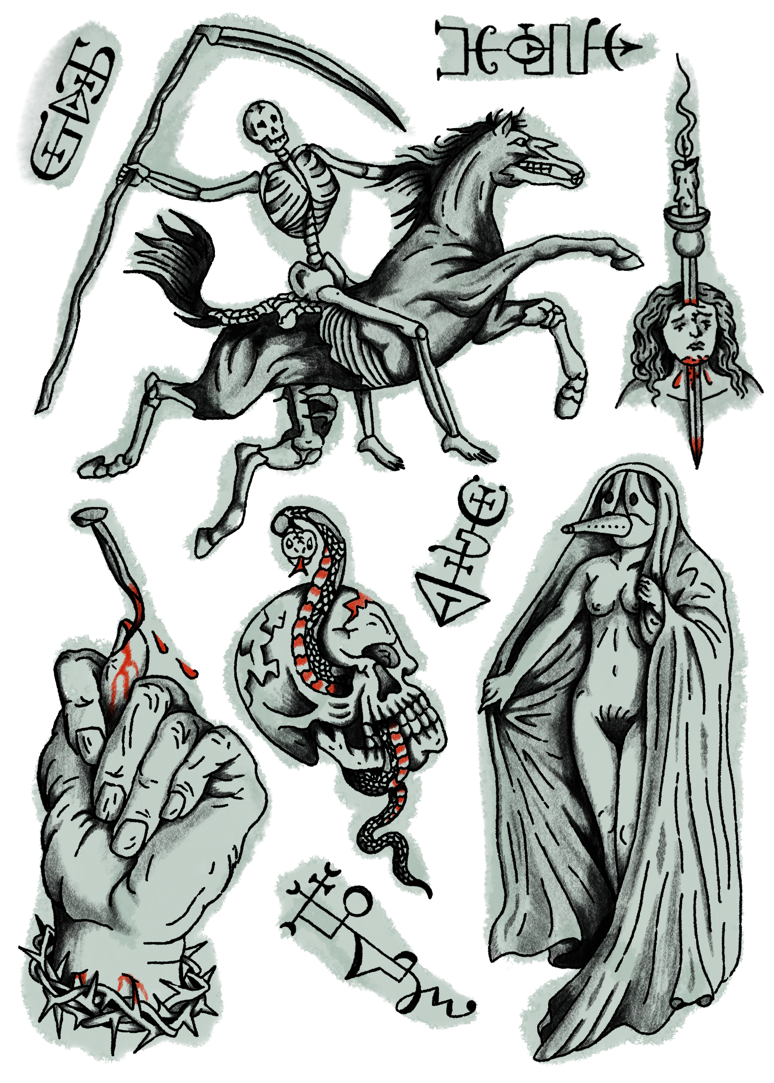 Black and white tattoo-style illustration featuring a skeleton riding a horse, a hand with a sharp nail and blood, a woman with a stake in her head, a snake intertwined with a skull, a woman in a plague doctor mask, and various symbols and runes.