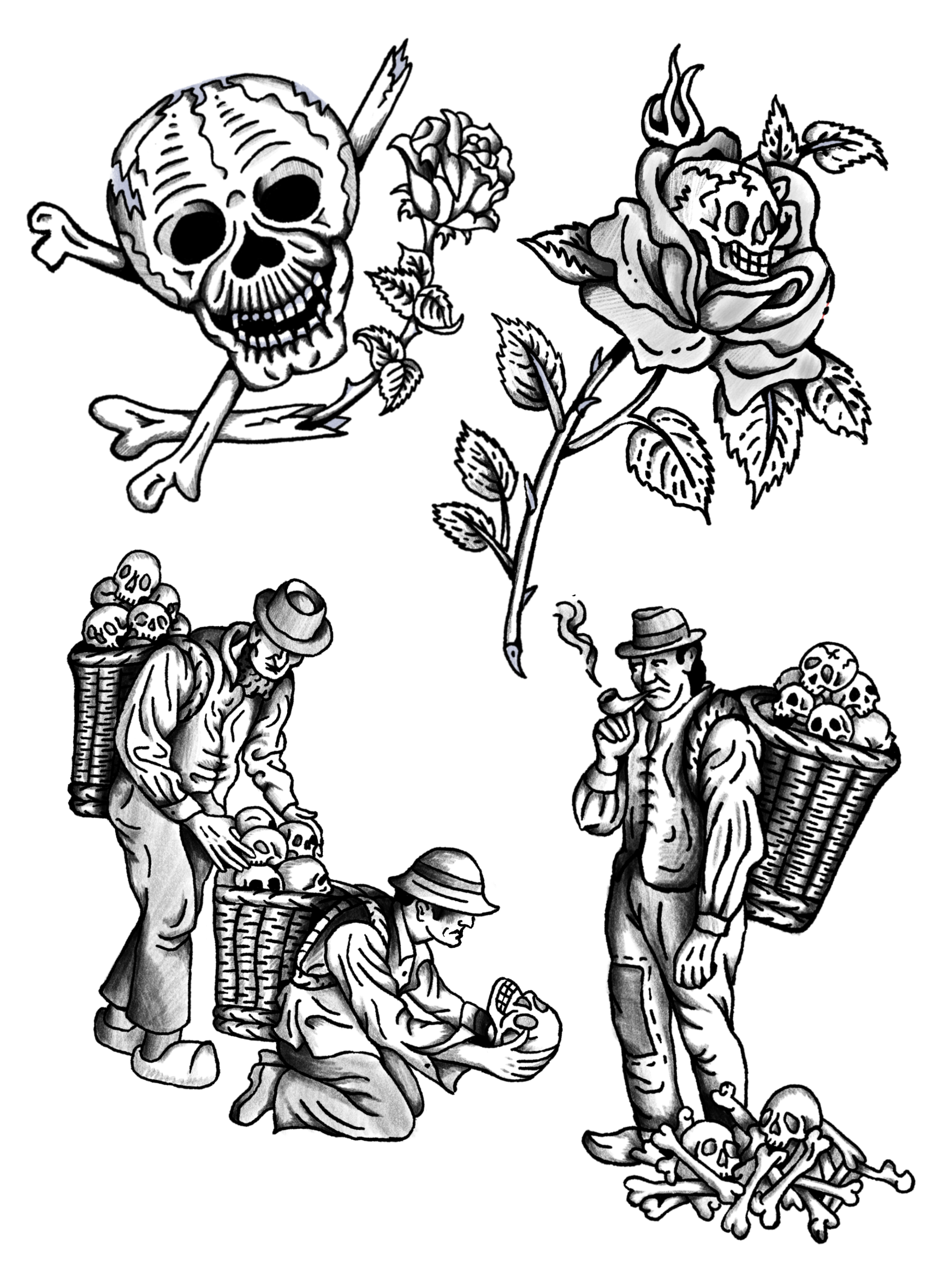 Black and white illustration featuring a skull and crossbones, a rose, and three men with baskets of skulls, one smoking a pipe, one examining skulls, and one kneeling with a skull.